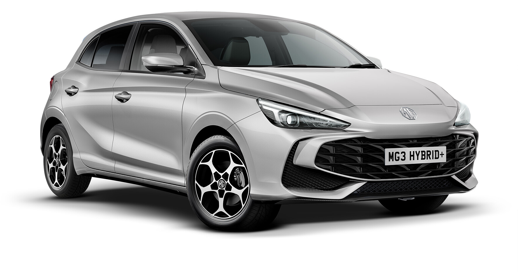 Silberner MG3 Hybrid Hatchback mit modernen Scheinwerfern und schwarzem Kühlergrill