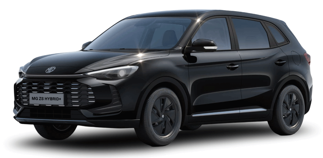 Ein schwarzer MG ZS Hybrid SUV steht glänzend im Licht mit modernen Designelementen